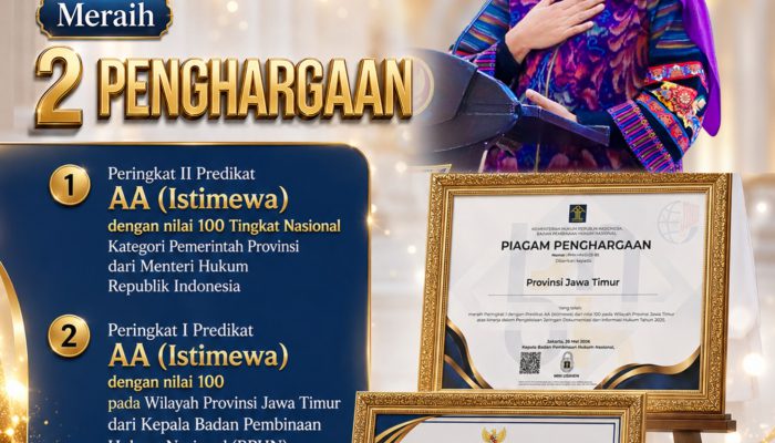 Jatim Raih 2 Penghargaan Nasional JDIH dengan Predikat AA dan Nilai 100, Gubernur Khofifah Komitmen Perkuat Kepastian Hukum dan Layanan Publik