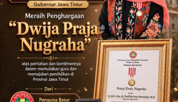 Gubernur Khofifah Terima Penghargaan Tertinggi Dwija Praja Nugraha dari PB PGRI, Buah Komitmen Wujudkan Pendidikan Jatim Berkualitas dan Merata