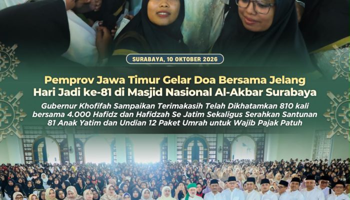 Gubernur Khofifah Gelar Doa Bersama Jelang Hari Jadi ke-81 Jawa Timur di Masjid Nasional Al-Akbar Surabaya, 810 kali khatam bersama 4.000 Hafidz dan Hafidzah Se Jatim*  _Sekaligus Serahkan Santunan 81 Anak Yatim dan Undian 12 Paket Umrah untuk Wajib Pajak Patuh